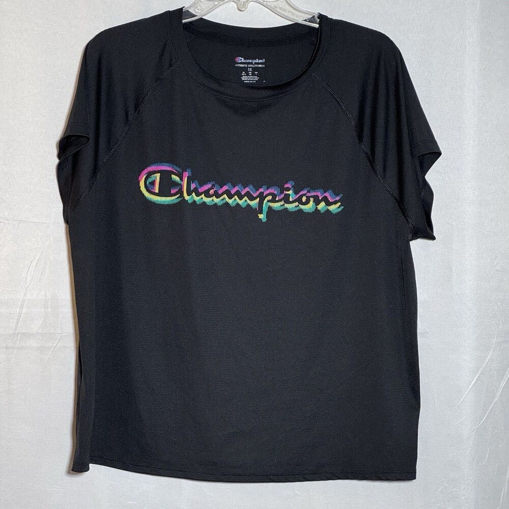 Champion Women's 1X Black Athletic Tee Rainbow Logo Activewear Graphic Top Gym